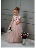 Floral Printed Satin Tulle V Back Flower Girl Dress